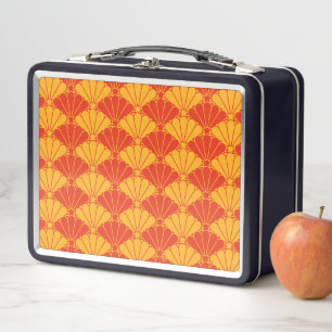 Oriental Red Yellow Kiku Chrysanthemum Mon Pattern Metal Lunch Box