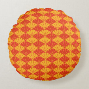 Oriental Red Yellow Kiku Chrysanthemum Mon Pattern Round Cushion