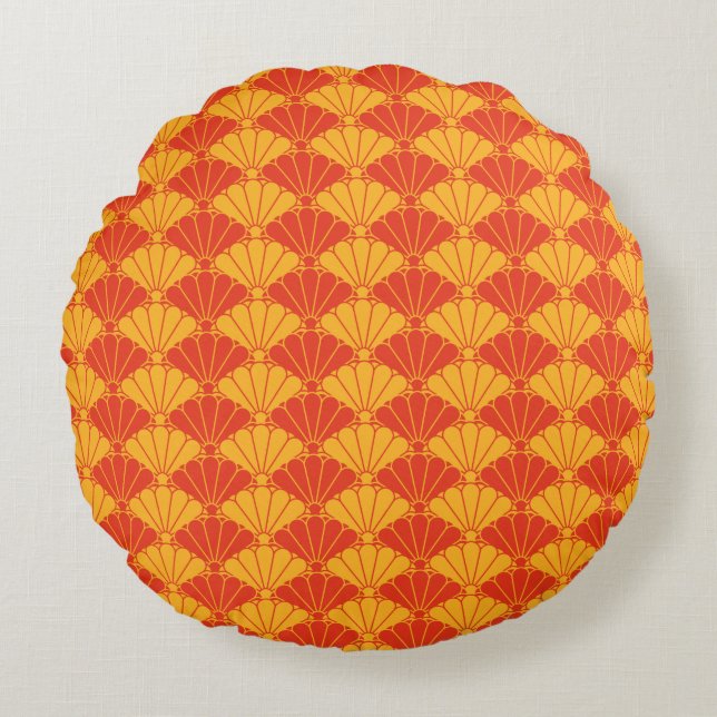 Oriental Red Yellow Kiku Chrysanthemum Mon Pattern Round Cushion (Front)
