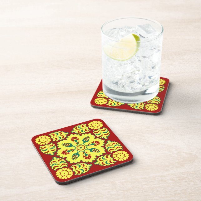 Oriental Red Yellow Ottoman Turkish Tulip Pattern Coaster (Right Side)