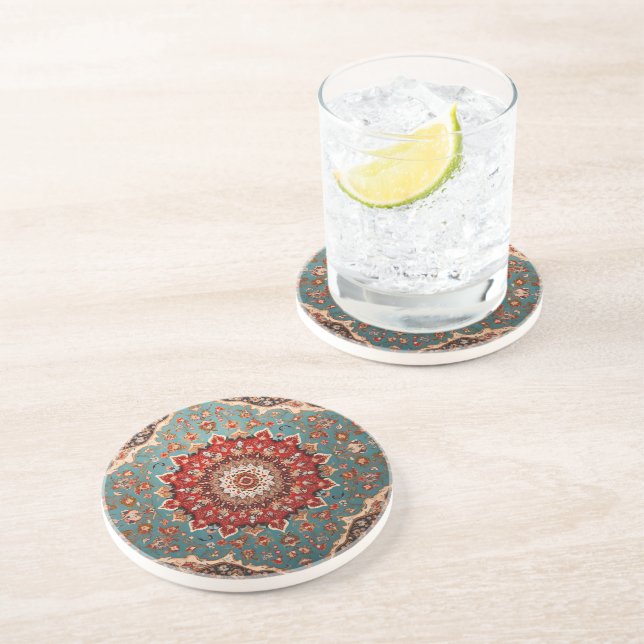 Oriental Retro Persian Pattern Red Cream Blue Coaster (Side)