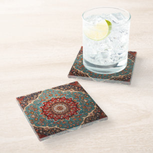 Oriental Retro Persian Pattern Red Cream Blue Glass Coaster