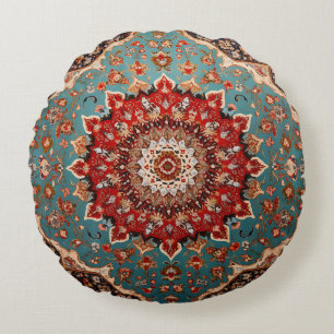 Oriental Retro Persian Pattern Red Cream Blue Round Cushion