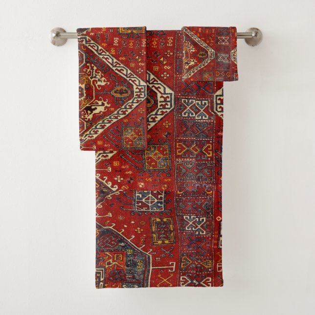 Oriental rug - bold design in  red and blue  bath towel set (Insitu)