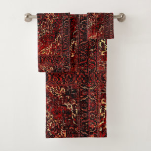 Oriental rug design in dark red bath towel set