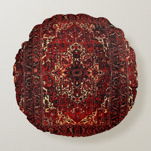 Oriental rug design in  dark red round cushion (Front)