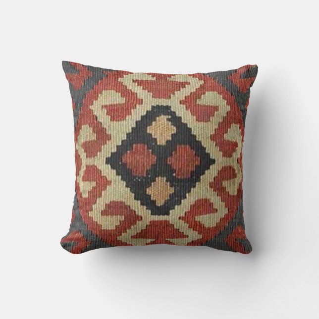 Oriental rug design in dark red round pillow (Front)
