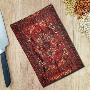 Oriental rug design in dark red tea towel