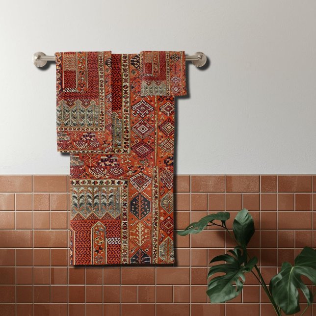 Oriental rug design in orange bath towel set (Creator Uploaded)