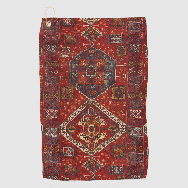 Oriental rug design in  red and blue golf towel (Front)
