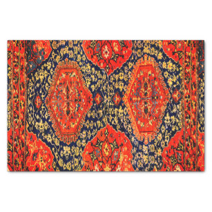 Oriental rug in blue& brightorange tissue paper