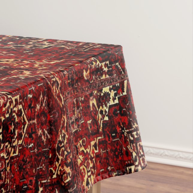 Oriental rug pattern in dark red tablecloth (In Situ)