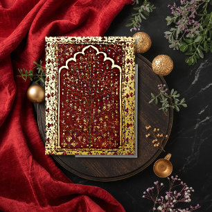 Oriental Sacred tree  red golden Foil Holiday Postcard