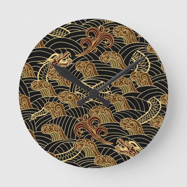 Oriental Sea Dragon Pattern Round Clock (Front)