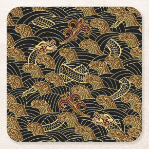 Oriental Sea Dragon Pattern Square Paper Coaster
