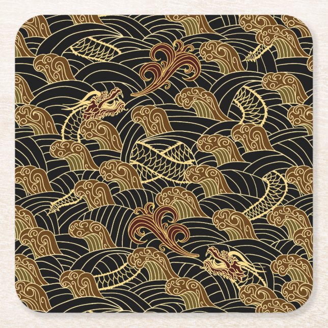 Oriental Sea Dragon Pattern Square Paper Coaster (Front)
