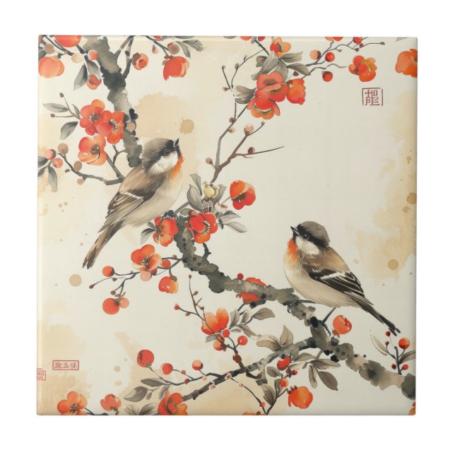 Oriental Songbirds and Blossom - Traditional Asian Ceramic Tile (Front)