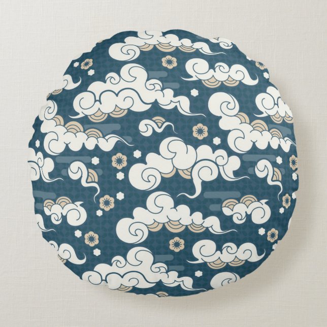 Oriental-style cloud pattern round cushion (Front)