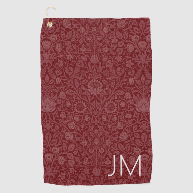 Oriental style floral design in dark red golf towel (Front)