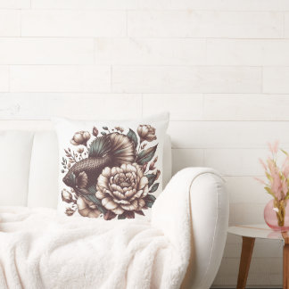 Oriental style flowers and beta fish cushion