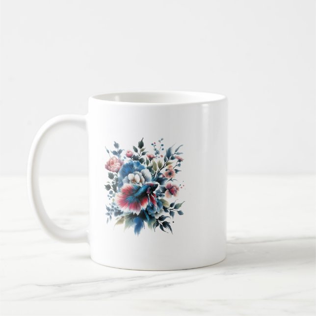 Oriental style flowers and beta fish mug (Left)