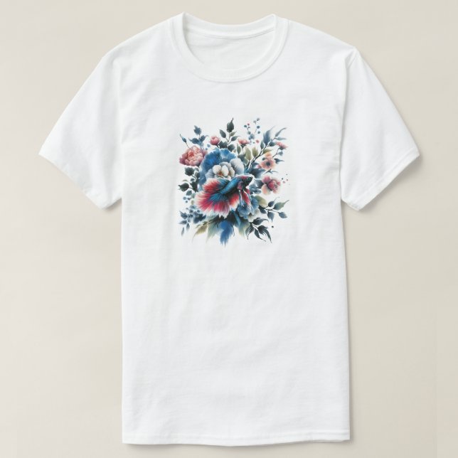 Oriental style flowers and beta fish T-Shirt (Design Front)