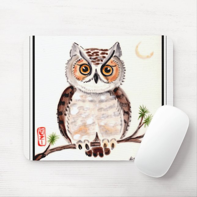 Oriental Style Owl Tile Art Painting Tree Moon Mouse Pad (With Mouse)