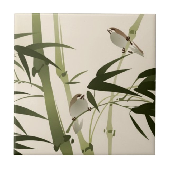 Oriental style painting, bamboo branches ceramic tile (Front)
