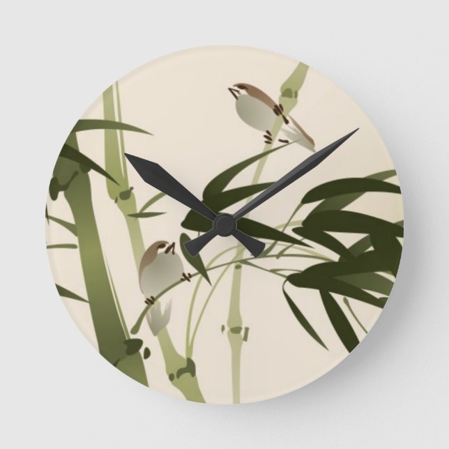 Oriental style painting, bamboo branches round clock (Front)