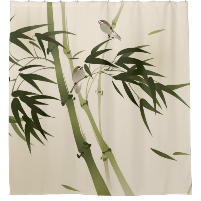 Oriental style painting, bamboo branches shower curtain (Front)
