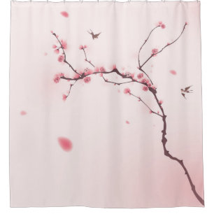 Oriental style painting, cherry blossom shower curtain