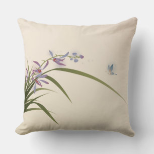 oriental style painting, orchid and butterfly cushion