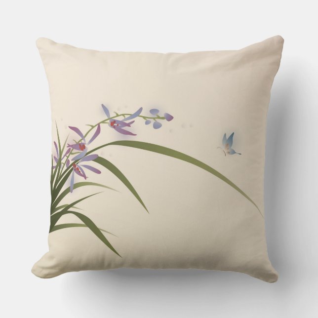 oriental style painting, orchid and butterfly cushion (Front)