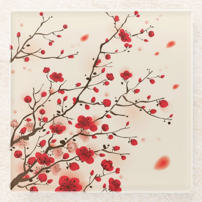 Oriental style painting, plum blossom in spring glass coaster (Front)