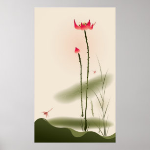 Oriental style painting, tall Lotus Poster