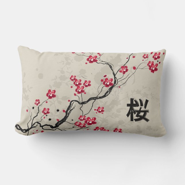 Oriental Style Sakura Cherry Blossom Art Lumbar Cushion (Front)