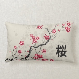 Oriental Style Sakura Cherry Blossom Art Lumbar Cushion