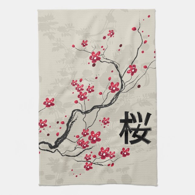 Oriental Style Sakura Cherry Blossom Art Tea Towel (Vertical)