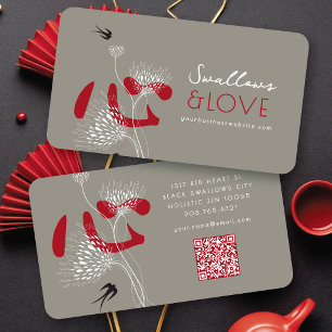 Oriental Swallows Birds & Red Chinese Heart Floral Business Card