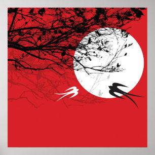 Oriental Swallows in Moonlight Zen Red Poster