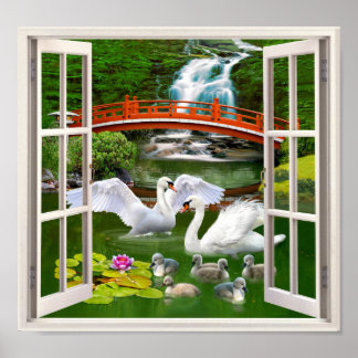 ORIENTAL SWAN GARDEN FAKE WINDOW POSTER