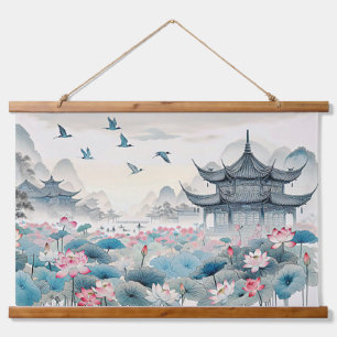 Oriental Temples and Lotus Flowers Hanging Tapestry