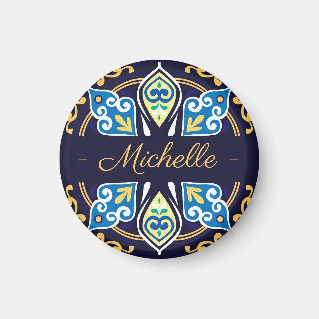 Oriental tiles, Azulejos , with name  round Magnet (Front)