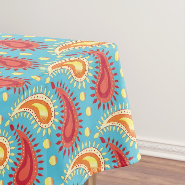 Oriental Turquoise Orange Persian Paisley Pattern Tablecloth (In Situ)