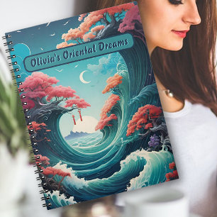 Oriental Turquoise Waves Cherry Blossoms Notebook