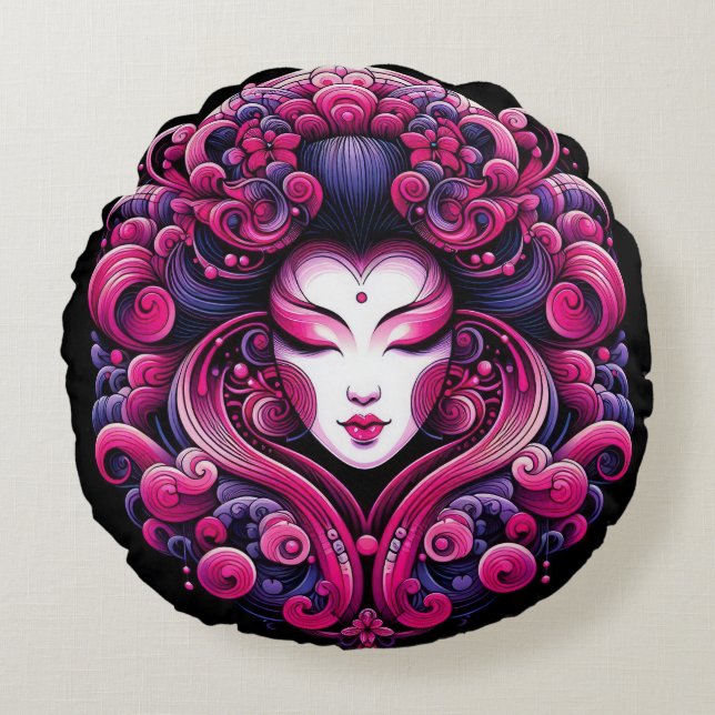 Oriental vector abstract Geisha fractal pink waves Round Cushion (Front)