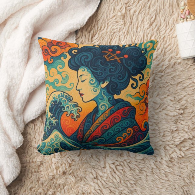 Oriental vector abstract Geisha Kanagawa waves Cushion (Blanket)
