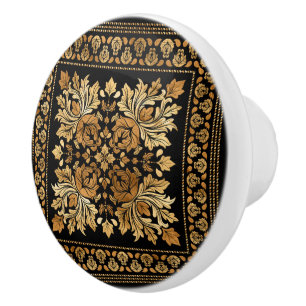 Oriental Vintage Damask Ornament - Black and gold Ceramic Knob