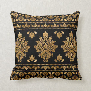 Oriental Vintage Damask Ornament - Black and gold Cushion
