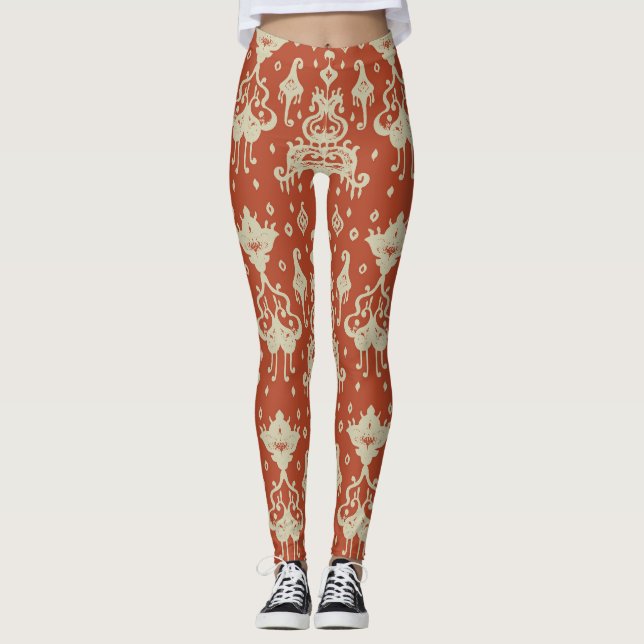 Oriental Vintage Ikat geometric damask pattern Leggings (Front)